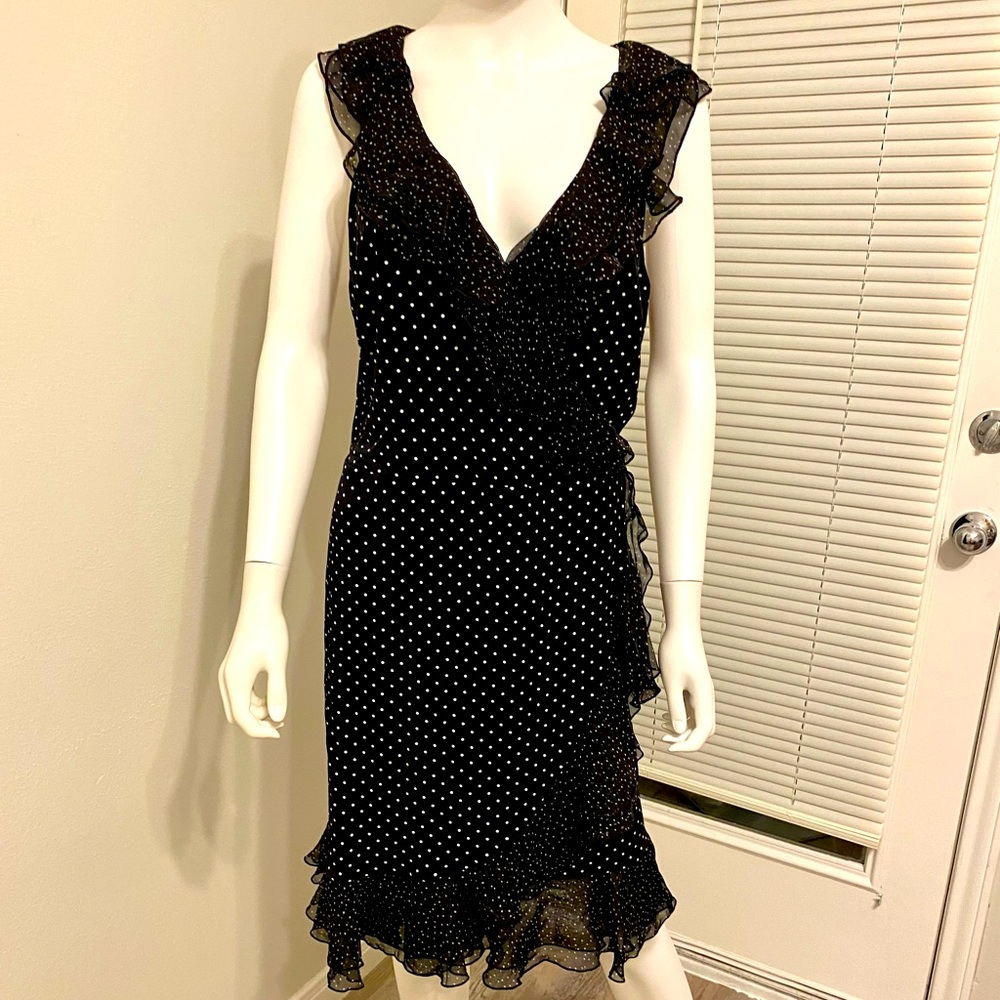 White House Black Marker Ruffle Wrap Polka Dot Dress SZ 14